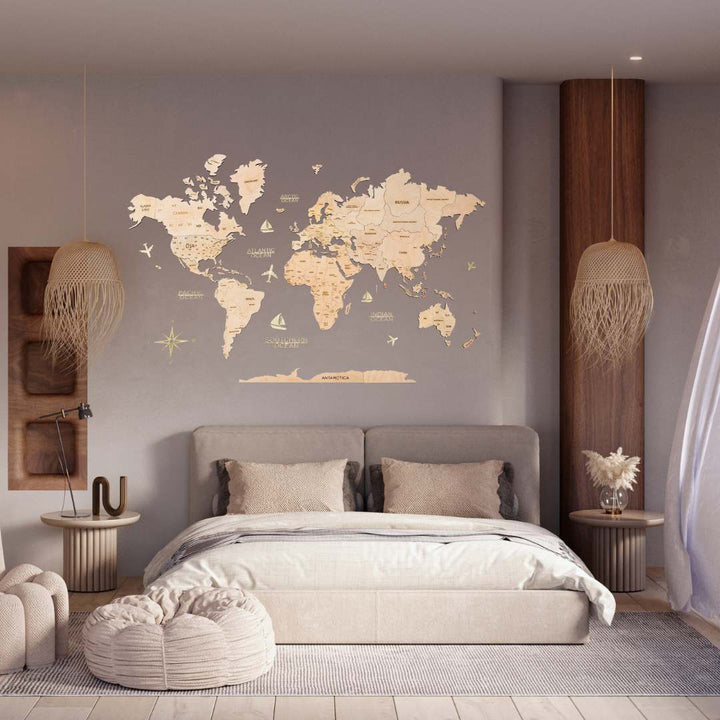 2D Wooden World Map Natural