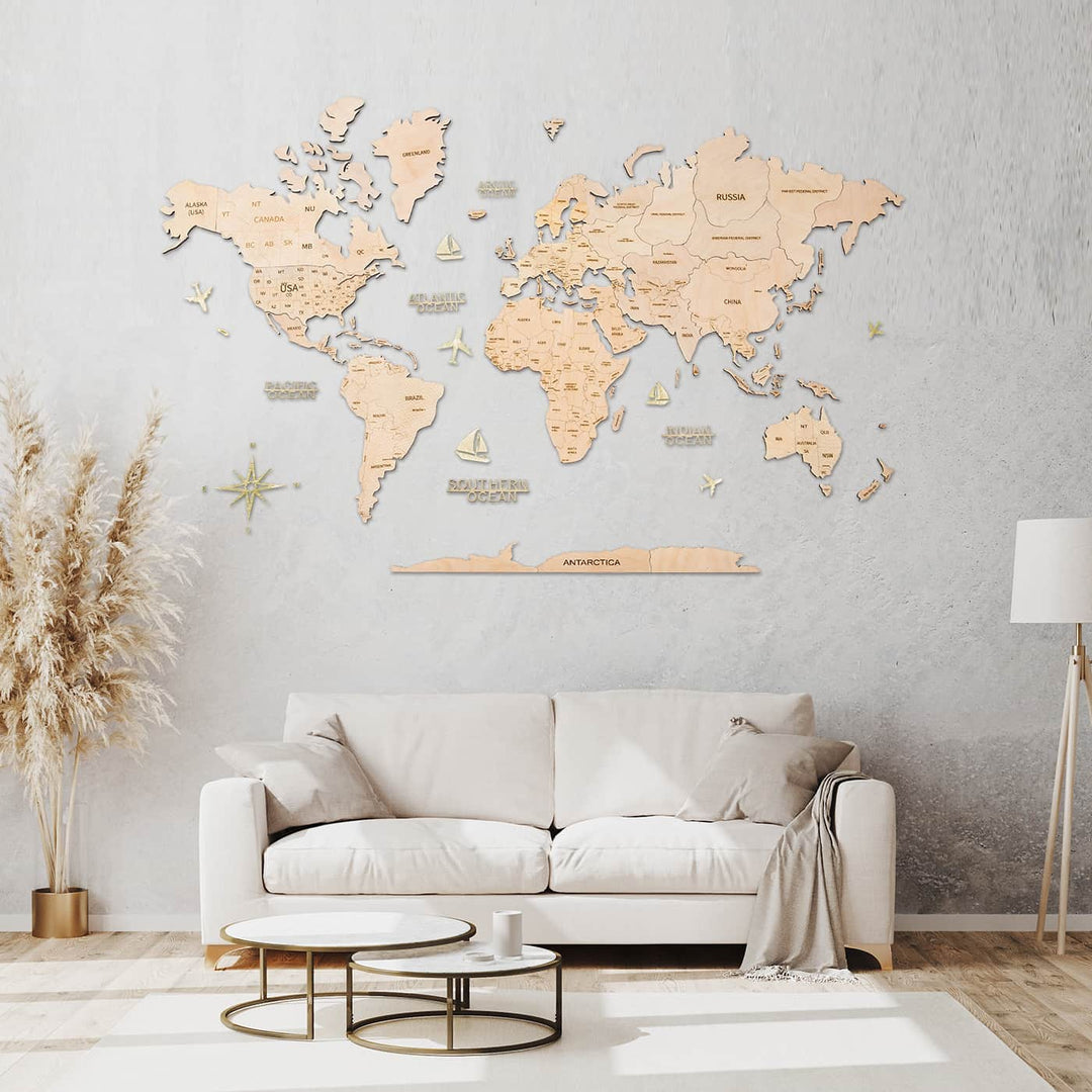 2D Wooden World Map Yellow