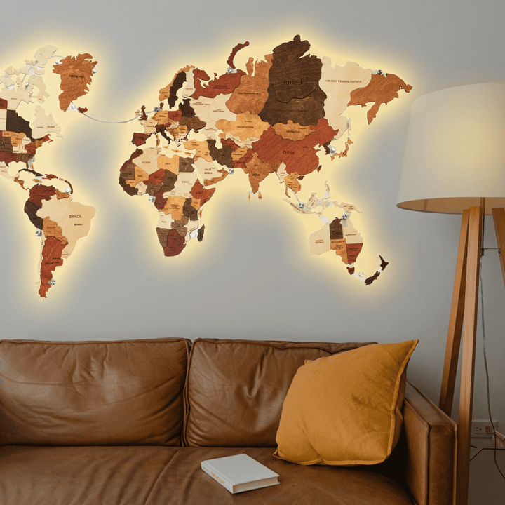 3D LED Wooden World Map Colorful