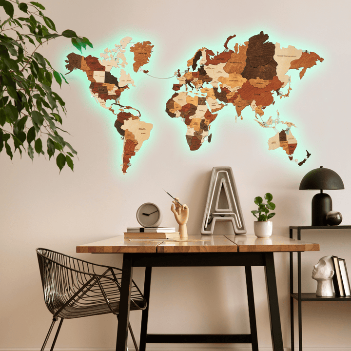 3D LED Wooden World Map Colorful