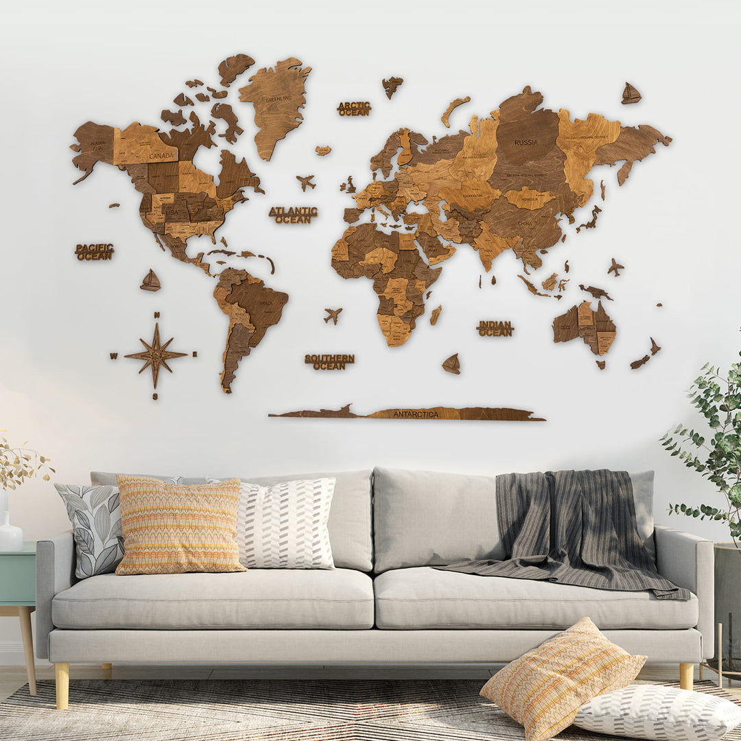 Colorfull Worlds Assembled 3D Wooden and Metal World Map, Multilayered Wooden Map on Metal Base Wood Wall Art Map for Home & Kitchen or Office